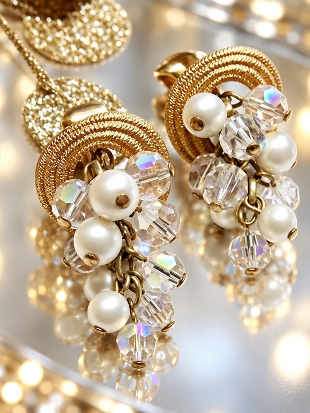 1960s Napier Pearl Crystal Gold Vintage Cluster Dangle Earrings